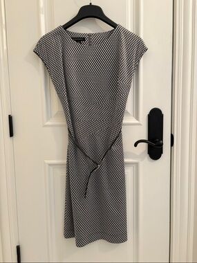 Classic Black and White Dot-Print Midi Dress with Self-Tie Waist